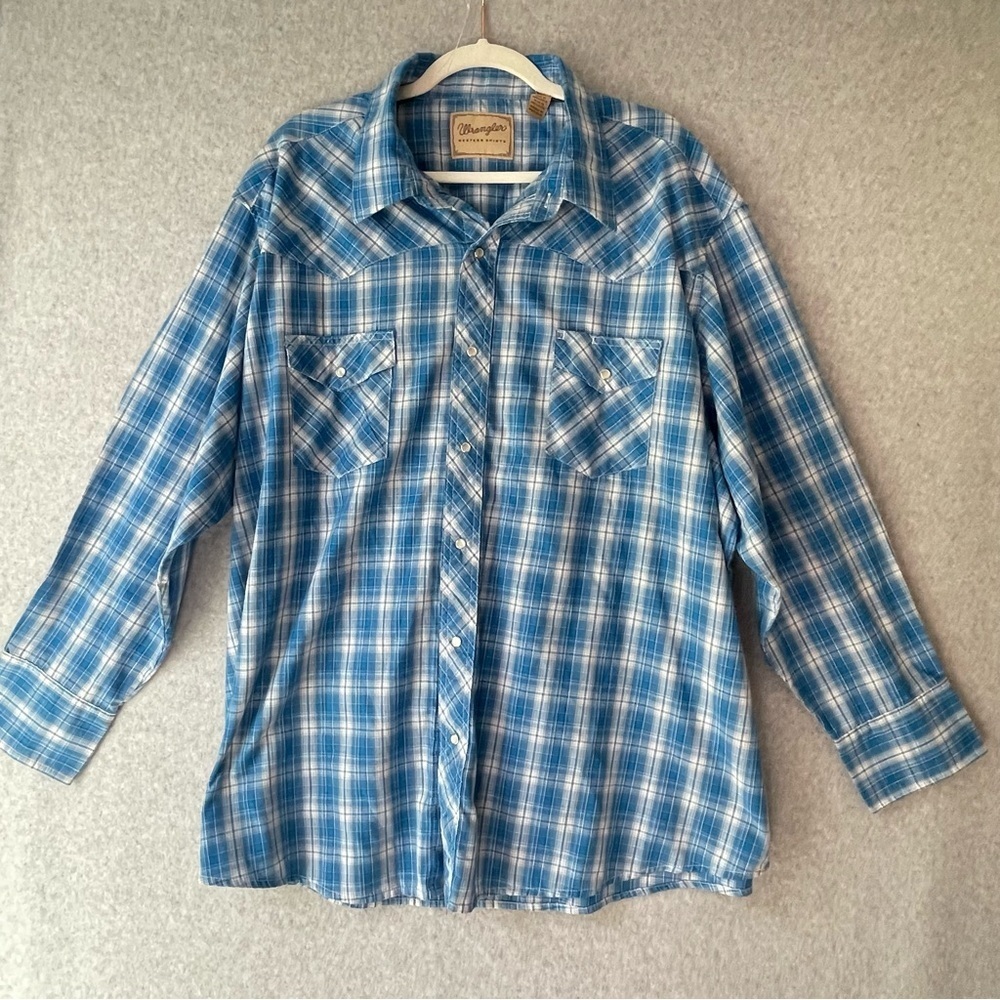 Wrangler Western Shirt Plaid Snap Button Blue White 3XL
